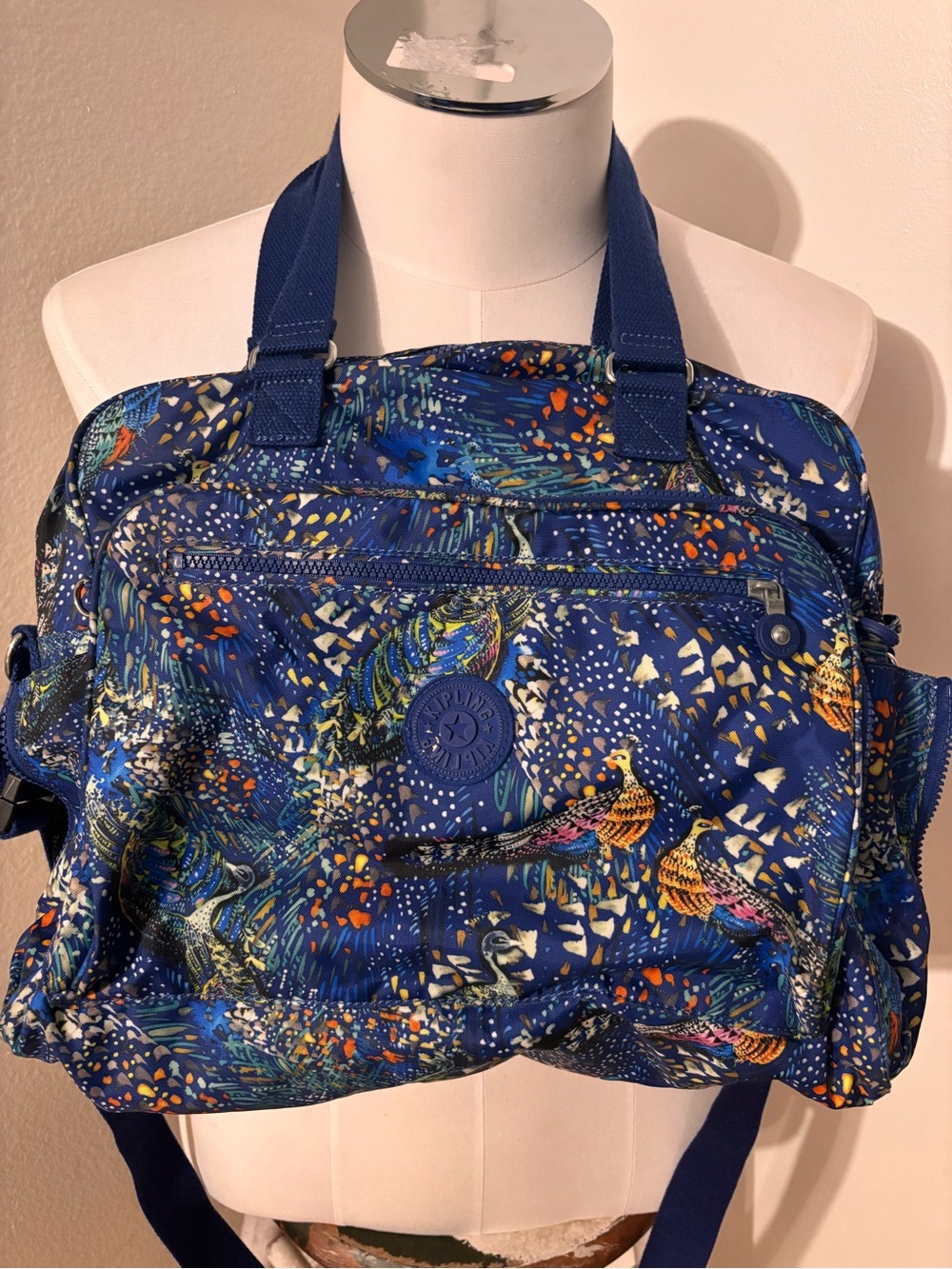 Kipling Navy Blue Printed Travel Tote with Bird Motif